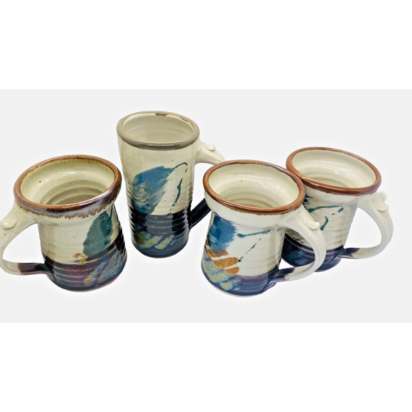Hand Thrown Studio Art Pottery Handled Coffee Mugs and Tumbler SET Of 4 - Picture 2 of 13